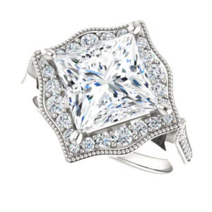 Cubic Zirconia Engagement Ring- The Faida (Customizable Cathedral-set Princess Cut Design with Halo and Milgrained Pavé Band) - Image 6
